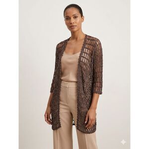 Chico's Travelers Brown Crochet Cardigan Wrinkle Free Knit Topper Size 2 Large